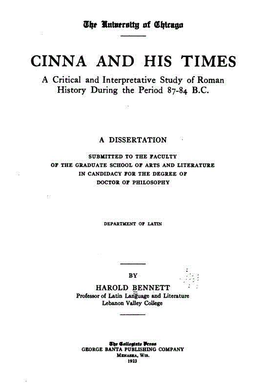 [Title Page] from Cinna and His Times by Harold Bennett