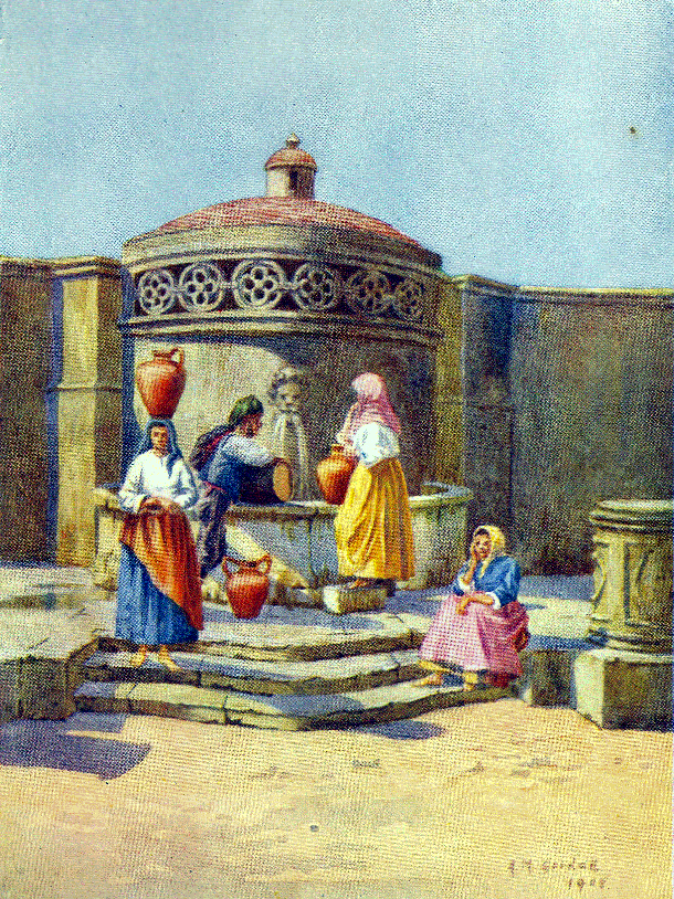 A gossip at the fountain.