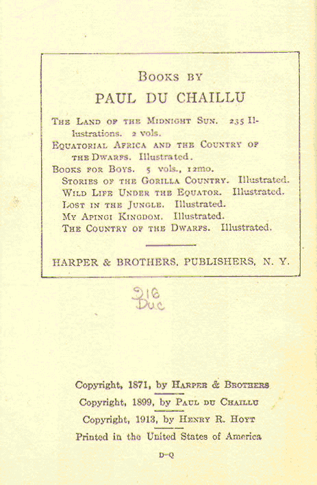 [Copyright Page] from Country of the Dwarfs by Paul du Chaillu