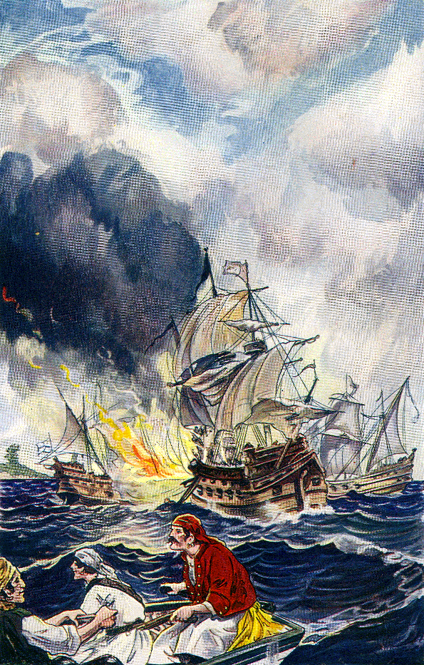 Pirate fleet battles with the Spanish galleons.