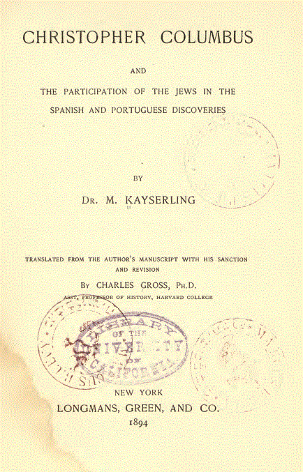 [Frontispiece] from Columbus and the Jews by Meyer Kayserling
