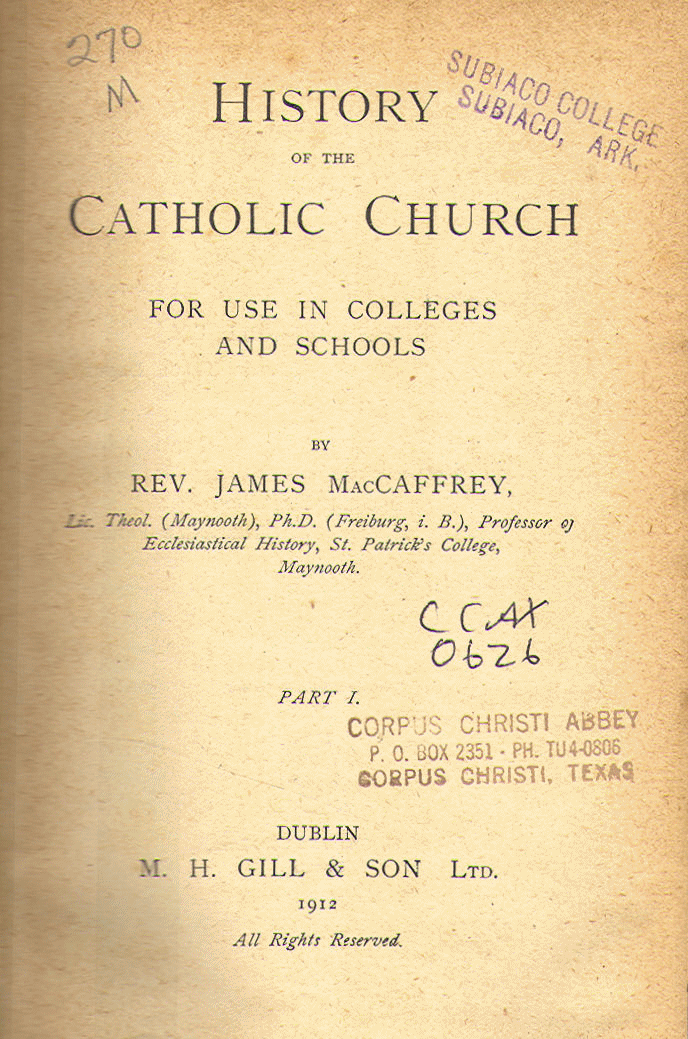 [Part I: Title Page] from History of the Catholic Church by J. MacCaffrey