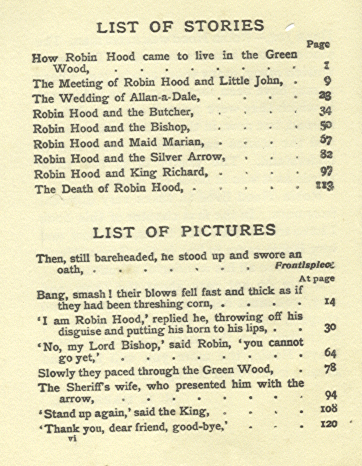 [List of Stories and List of Pictures] from Stories of Robin Hood by H. E. Marshall