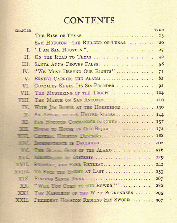 [Contents] from With Sam Houston in Texas by Edwin Sabin