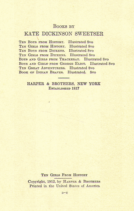 [Dedication] from Ten Girls from History by K. D. Sweetser